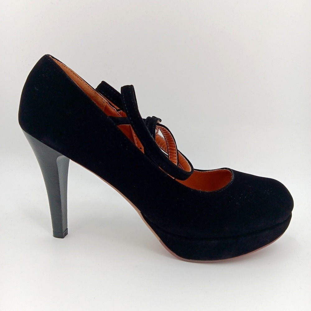 Woman's Black Velvet High Heels, Size 9.5, Covered Toe/Wrap Ankle Strap SH